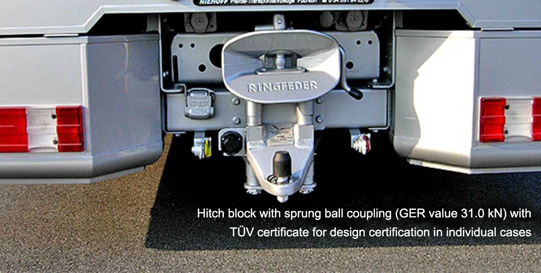 Hitch block with sprung ball coupling (D-Value 31,0 kN) with technical inspection certificate for a type approval in an individual case