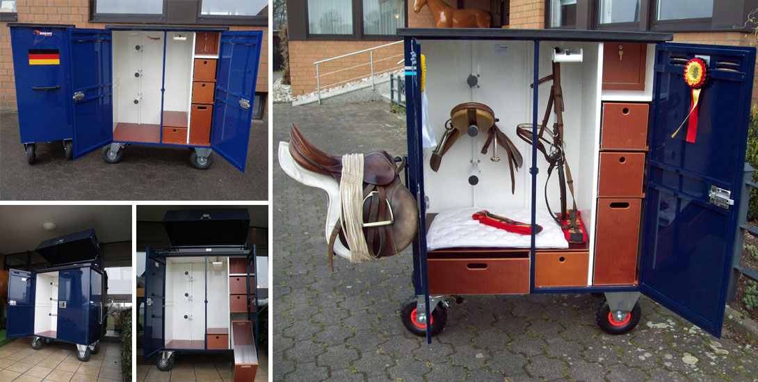 Saddle cabinet with lateral foldable saddle holder